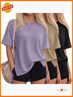 3 Pack Oversized Tees Side Split Crew Neck Loose Fit Casual Tops